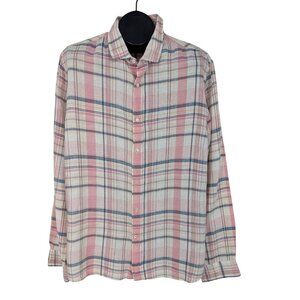 SWIMS Button Up Shirt Men Size XL Madras Plaid 100% Linen Coastal Resort Office